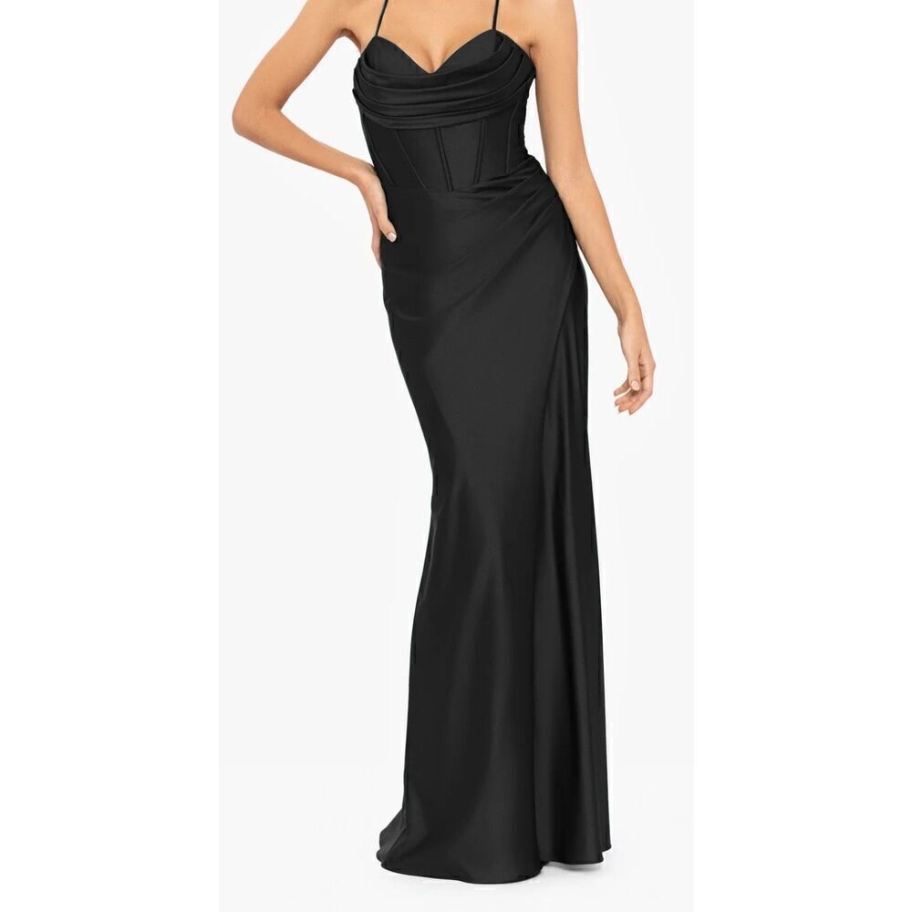 La Femme "TALIA" LONG SATEEN CORSET LACE UP BACK DRESS in Black NWT Size 6